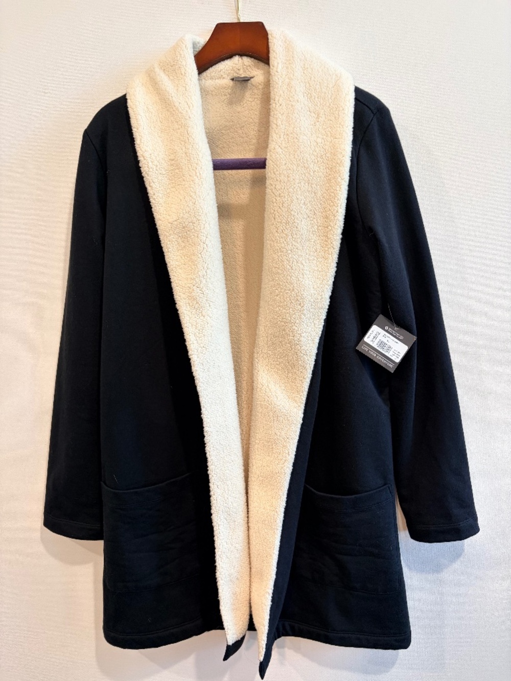 NWT Eddie Bauer Sherpa Fleece Cardigan Coat XS Black Ivory Cozy Open Front
